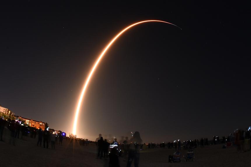 A SpaceX Falcon 9 rocket is seen in this time exposure from Cocoa Beach, Florida as it launches the company's third Starlink mission on January 6, 2020 from Cape Canaveral Air Force Station, in Cape Canaveral, Florida. The rocket is carrying 60 Starlink satellites as part of a planned constellation of thousands of satellites designed to provide internet services around the world. (Photo by Paul Hennessy/NurPhoto via Getty Images)
