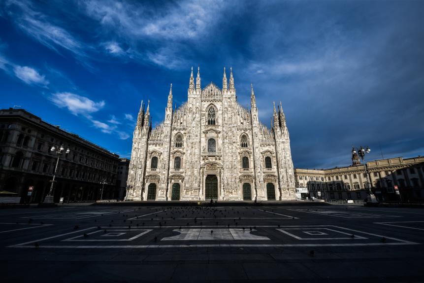 MILAN, ITALY - APRIL 12:  Duomo Cathedral is deserted during Easter day due to the coronavirus lockdown aimed at curbing the spread of the COVID-19 infection, on April 12, 2020 in Milan, Italy. There have been over 150,000 reported COVID-19 cases in Italy and more than 19,000 related deaths, but the officials are confident the peak of new cases has passed. (Photo by Mattia Ozbot/Soccrates Images/Getty Images)