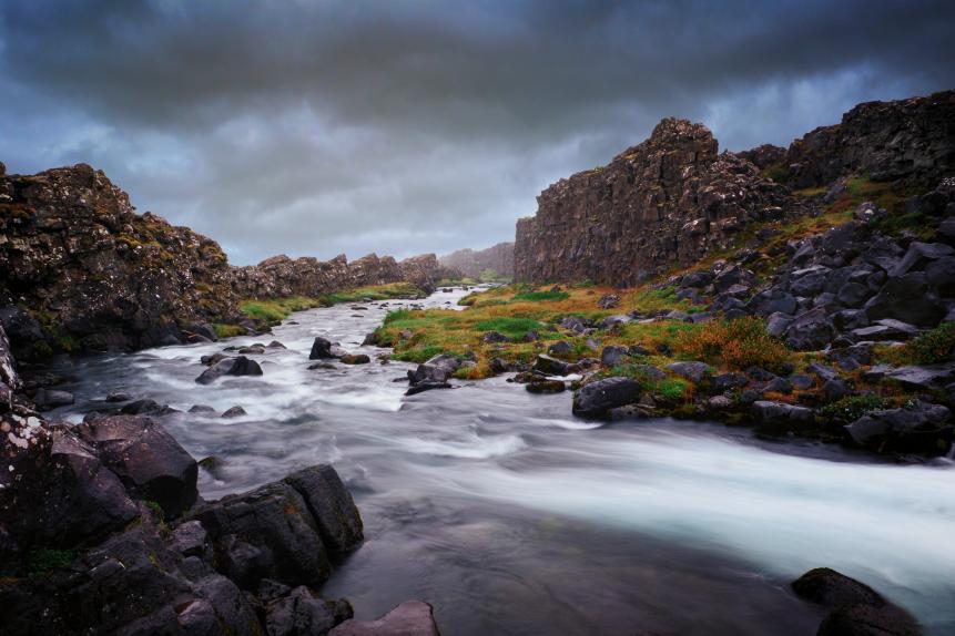 There are not too many places on Earth where the Eurasian and North American tectonic plates are exposed in the way they are at Ã ingvellir National Park in Iceland.  These continental plates are normally deep below the surface of the ocean, and are only accessible through remotely operated vehicles (RAV) or submarines.