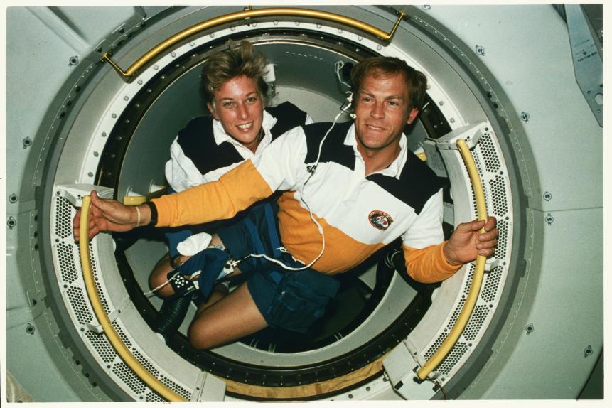Jan Davis and Mark Lee, the first married couple in space, aboard the shuttle Endeavor.   (Photo by NASA/Roger Ressmeyer/Corbis/VCG via Getty Images)