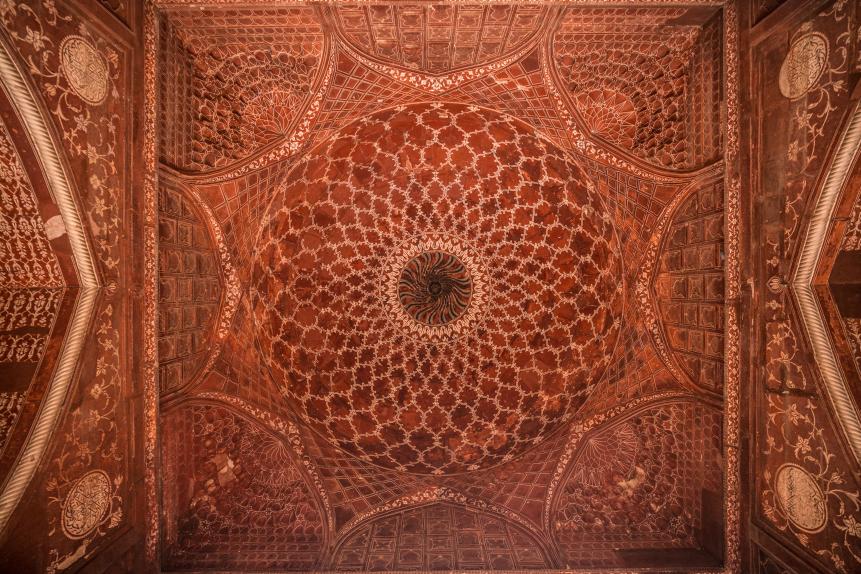 the intricate ceiling of the Taj Mahal Mosque, Agra, India