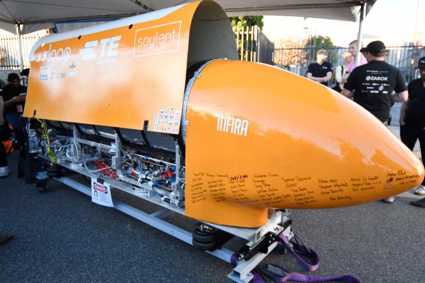 The rLoop team shows their INFIRA pod during the SpaceX Hyperloop competition in Hawthorne, California on January 29, 2017.
Students from 30 colleges and universities from the US and around the world are taking part in testing their pods on a 1.25 kilometer-long Hyperloop track at the SpaceX headquarters. / AFP / Gene Blevins        (Photo credit should read GENE BLEVINS/AFP/Getty Images)
