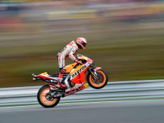 TOPSHOT - Repsol Honda Team's Spanish rider Marc Marquez reacts at the end of the qualifying session of the Moto GP Grand Prix of the Czech Republic in Brno on August 3, 2019. (Photo by Michal CIZEK / AFP)        (Photo credit should read MICHAL CIZEK/AFP/Getty Images)