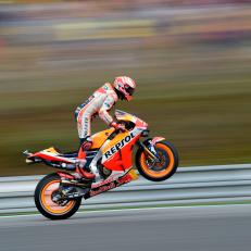TOPSHOT - Repsol Honda Team's Spanish rider Marc Marquez reacts at the end of the qualifying session of the Moto GP Grand Prix of the Czech Republic in Brno on August 3, 2019. (Photo by Michal CIZEK / AFP)        (Photo credit should read MICHAL CIZEK/AFP/Getty Images)