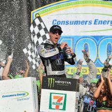 BROOKLYN, MICHIGAN - AUGUST 11: Kevin Harvick, driver of the #4 Mobil 1 Ford, celebrates in Victory Lane after winning the Monster Energy NASCAR Cup Series Consumers Energy 400 at Michigan International Speedway on August 11, 2019 in Brooklyn, Michigan. (Photo by Quinn Harris/Getty Images)