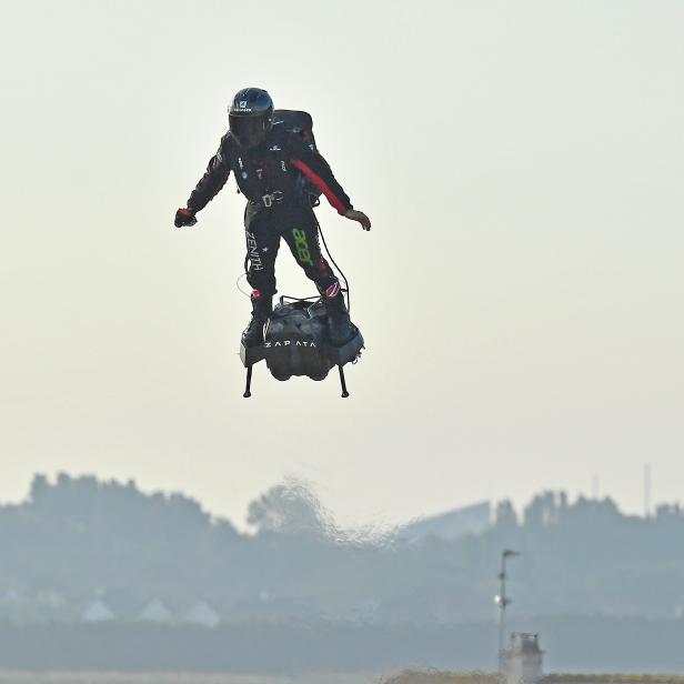 CALAIS, FRANCE - AUGUST 04:  French hoverboard star Franky Zapata takes to the air to cross the Channel from France to England using a hoverboard on August 4th, 2019 in Calais, France. The former jetski champion succeded to make the 20-minute crossing on his turbo-powered hoverboard, the Flyboard Air, to mark the 110th anniversary of French aviator Louis BlÃ©riot's first cross-Channel airplane flight. (Photo by Aurelien Meunier/Getty Images)