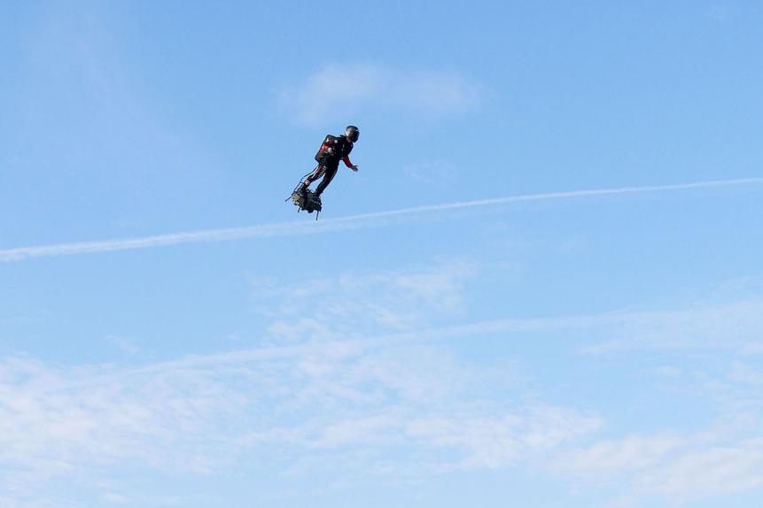 CALAIS, FRANCE - AUGUST 04: (EDITOR'S NOTE: Alternative crop of image #1166007851) French hoverboard star Franky Zapata takes to the air to cross the Channel from France to England using a flying hoverboard aka Flyboard on August 4th, 2019 at Bleriot beach in Sangatte, near Calais, France. The former jetski champion succeded to make the 22-minute crossing on his turbo-powered hoverboard, the Flyboard Air, to mark the 110th anniversary of French aviator Louis BlÃ©riot's first cross-Channel airplane flight. (Photo by Sylvain Lefevre/Getty Images)