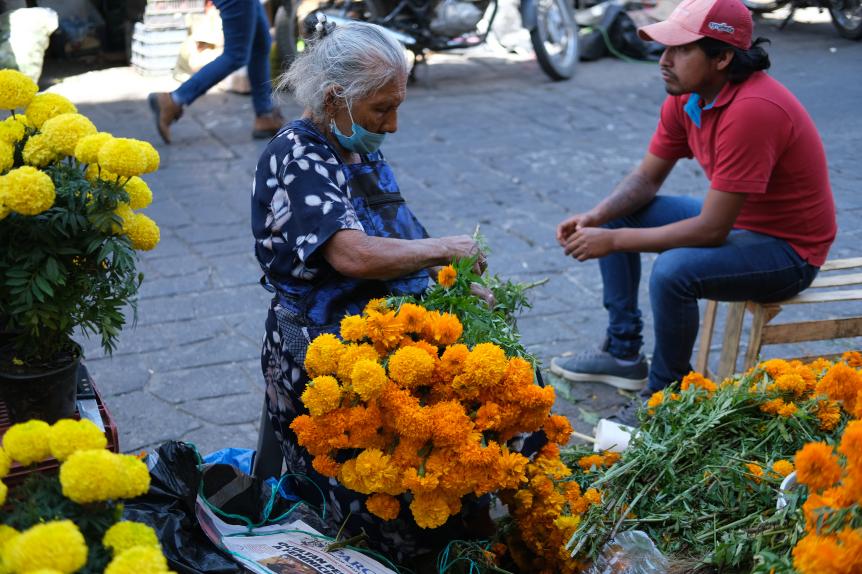 A florist in the 20th of November Market selling cempasuchil flowers. Their vibrant color is said to represent the sun, which in Aztec mythology guides the spirits on their way to the underworld. By using them in Day of the Dead rituals, the strong aroma of the flowers attracts the spirits who are believed to return to visit their families at this time, helping them to find their way.