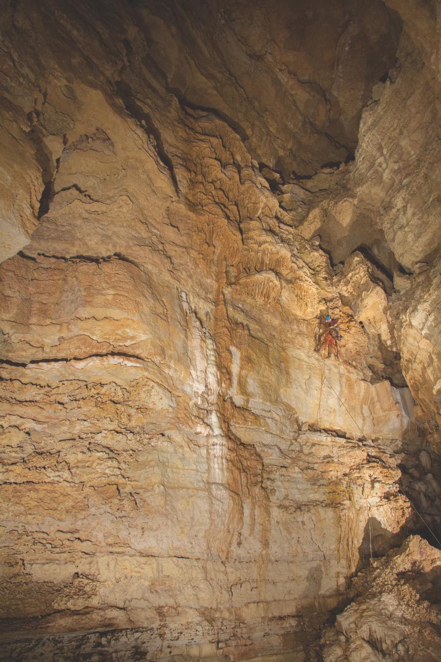 Lee White on the first ascent of Dome Pit in Natural Bridge Caverns.