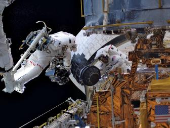 Changing out the Reaction Wheels on the Hubble Space Telescope with my spacewalking buddy Jim Newman, teamwork is crucial during a spacewalk.