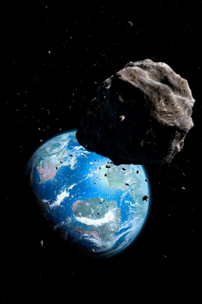 Illustration of an asteroid approaching the Cretaceous Earth, poised to exterminate the dinosaurs. Near-Earth asteroids are a constant threat to our planet.