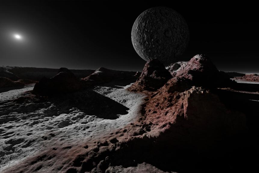 A scene on Pluto with Charon, its giant moon.