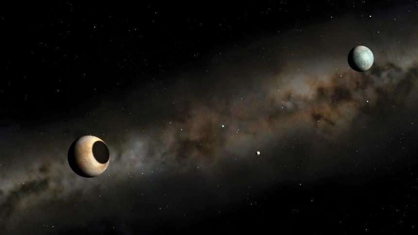 Artwork of the dwarf planet Pluto (left) and its largest moon Charon. Pluto and Charon are so oriented that, twice every orbit (once every 124 years), they periodically eclipse each other as each world passes between the Sun and its partner. The illustration shows Charon casting a shadow on Pluto during such an eclipse. The last time Pluto and Charon eclipsed each other was during the six-year interval from 1985 to 1990. It won't happen again until 2103. The image also shows Hydra, the outermost of Pluto's two smaller moons, which were discovered using the Hubble Space Telescope in 2005.