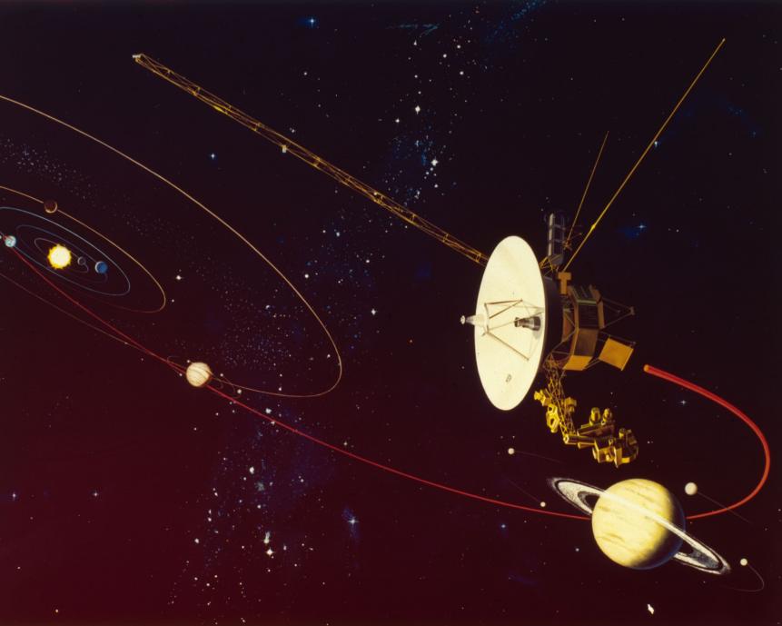 1977:  A simulation of space probe Voyager 2 travelling through our solar system on its investigative mission. The nearest planet is Saturn, the sixth planet from the sun.  (Photo by MPI/Getty Images)
