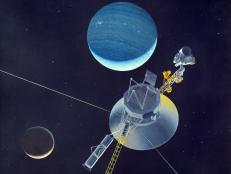 1981:  A simulation of the space probe Voyager 2 preparing to leave our solar system to become the fourth interstellar craft.  (Photo by MPI/Getty Images)