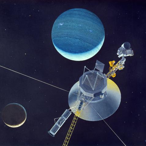 1981:  A simulation of the space probe Voyager 2 preparing to leave our solar system to become the fourth interstellar craft.  (Photo by MPI/Getty Images)