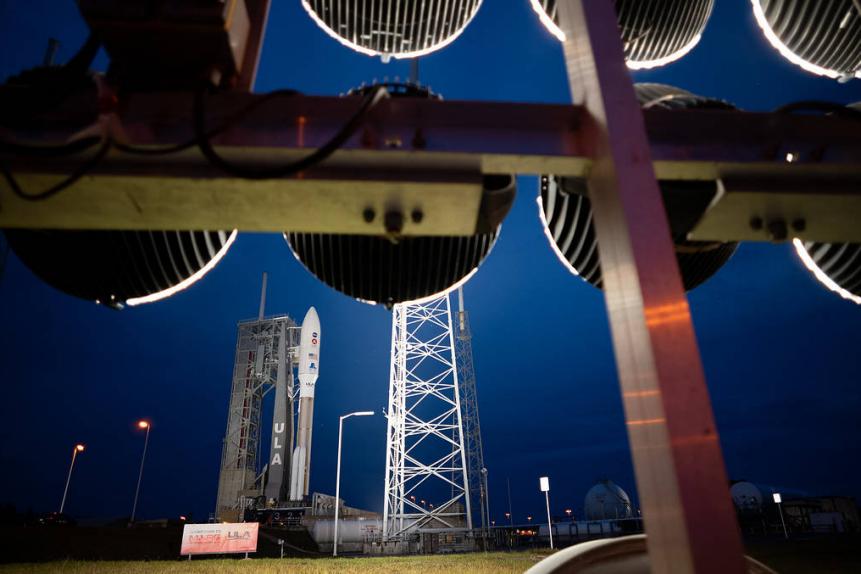 A United Launch Alliance Atlas V rocket with NASA’s Mars 2020 Perseverance rover onboard is seen illuminated by spotlights on the launch pad at Space Launch Complex 41, Tuesday, July 28, 2020, at Cape Canaveral Air Force Station in Florida. 