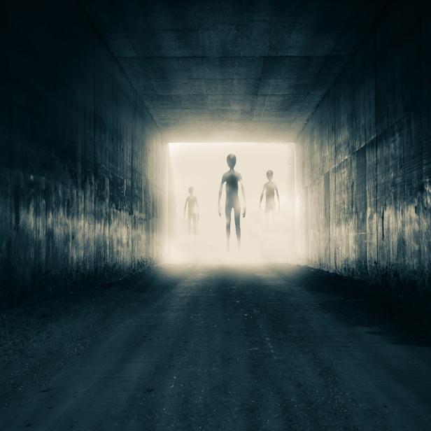 A group of aliens emerging from the light at the end of a dark sinister tunnel. With a high contrast edit.