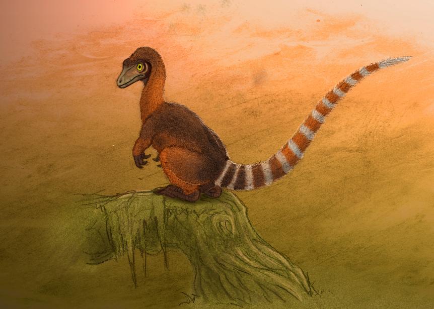 A Sinosauropteryx dinosaur resting on a log.