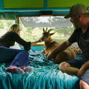 Frankie the Goat with parents Chad and Cate Battles inside their Airstream.