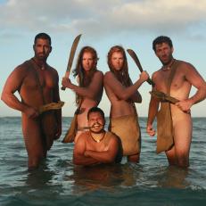 Matt, Amber, Alex, Jeff and Serena group pose in water.