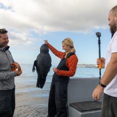 Enrico Gennari, Michelle Jewell, and Tom “The Blowfish” Hird hold up a decoy seal.