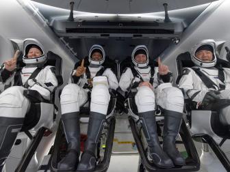 NASA astronauts Shannon Walker, left, Victor Glover, Mike Hopkins, and Japan Aerospace Exploration Agency (JAXA) astronaut Soichi Noguchi, right are seen inside the SpaceX Crew Dragon Resilience spacecraft onboard the SpaceX GO Navigator recovery ship shortly after having landed in the Gulf of Mexico off the coast of Panama City, Florida, Sunday, May 2, 2021.  NASA’s SpaceX Crew-1 mission was the first crew rotation flight of the SpaceX Crew Dragon spacecraft and Falcon 9 rocket with astronauts to the International Space Station as part of the agency’s Commercial Crew Program. Photo Credit: (NASA/Bill Ingalls)