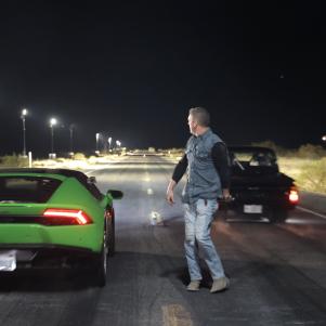 JJ Da Boss (Jonathan Day) looks back to see that Brian Britt is out ahead of the all-wheel drive Lamborghini.