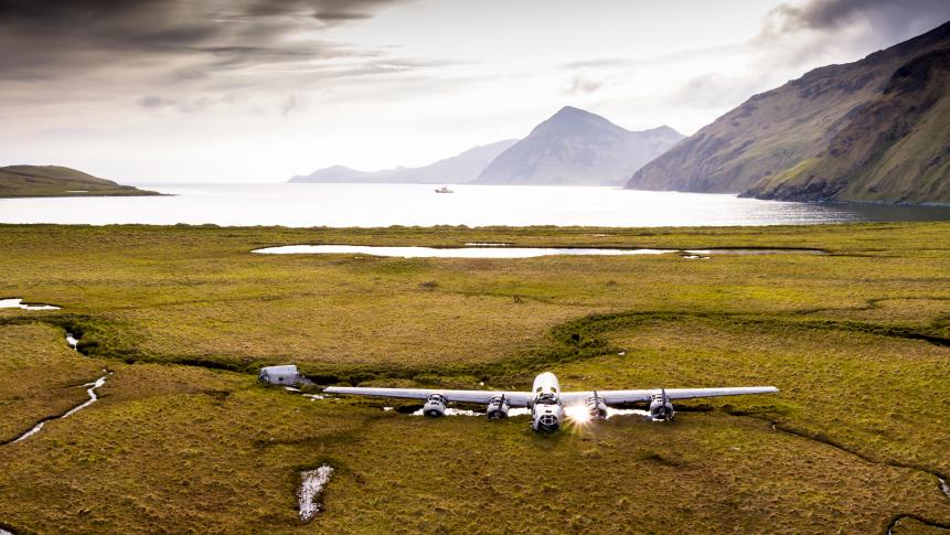 Alaska Maritime National Wildlife Refuge, Aleutian Islands, Alaska: A B-24 bomber, which crashed on Atka Island during World War II.  This is only one of two B-24 bombers to remain in situ since the war.