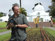 Josh Gates searches for a treasure from the book The Secret in Golden Gate Park of San Francisco, California.