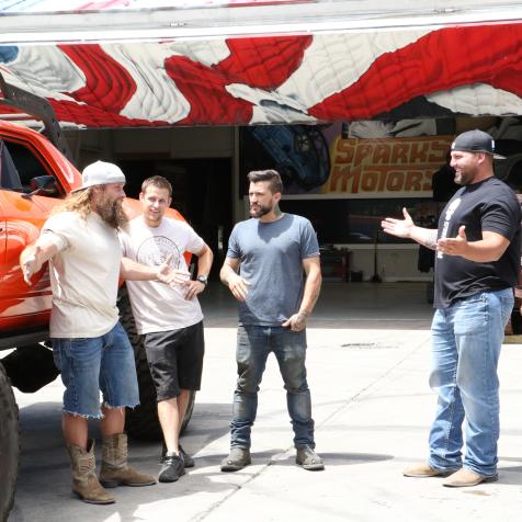 Diesel Dave, Muscle, Hans, and Aaron in front of El Camino