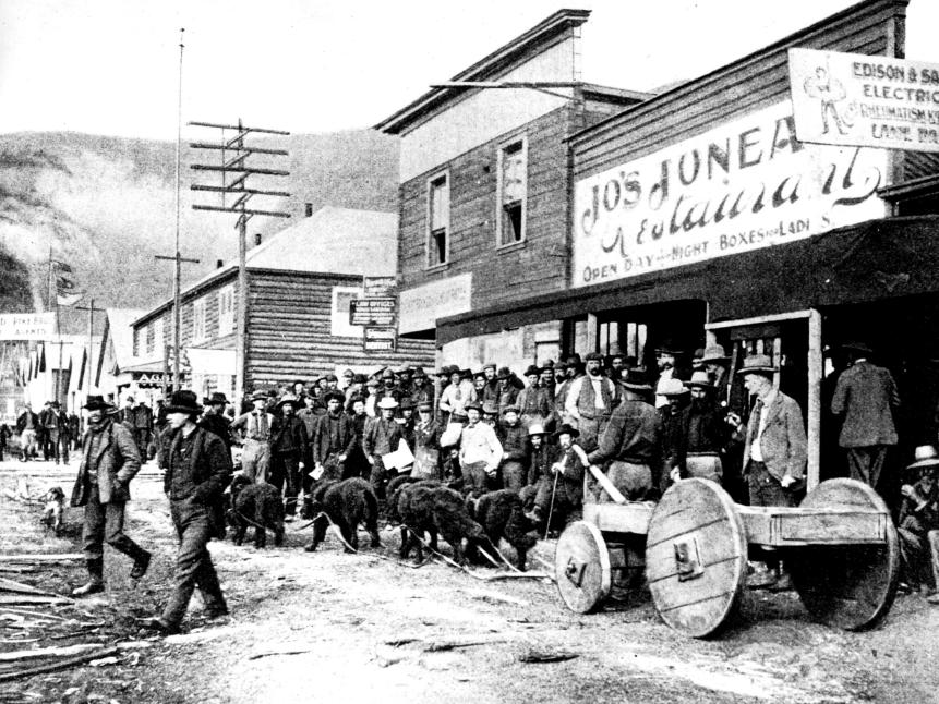 The Klondike Gold Rush: Summer car in a street of Dawson, 1899, United States. (Photo by: Photo12/Universal Images Group via Getty Images)