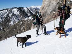 Aubrey Barton and Pete Metz with their dogs, Hamms and Hildie, talking on the mountain.