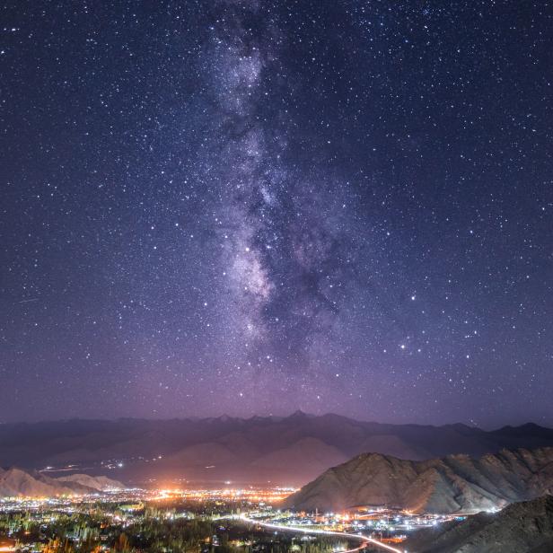 The Milky Way rises over Leh city leh ladakh in Leh India ,Long exposure photograph.