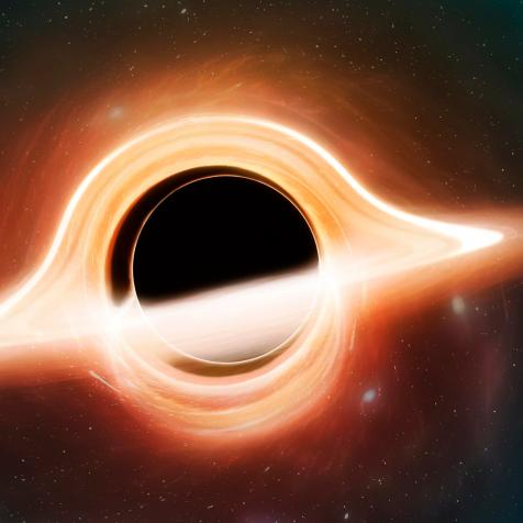 Illustration of a black hole. A black hole is a region of spacetime where the gravity is so powerful that not even light can escape them. They are created when massive stars die. This one is surrounded by an accretion disc of material, the light from which is warped by the strong gravity. Both the front of the disc and the portion behind the black hole are visible.
