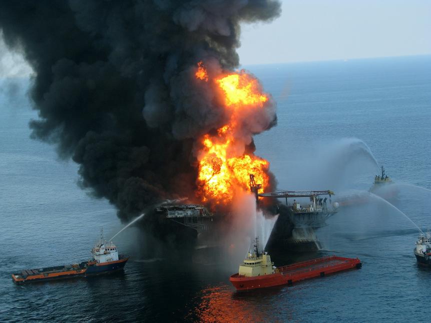 GULF OF MEXICO - APRIL 21:  In this handout image provided be the U.S. Coast Guard, fire boat response crews battle the blazing remnants of the off shore oil rig Deepwater Horizon in the Gulf of Mexico on April 21, 2010 near New Orleans, Louisiana.  An estimated leak of 1,000 barrels of oil a day are still leaking into the gulf. Multiple Coast Guard helicopters, planes and cutters responded to rescue the Deepwater Horizon's 126 person crew. (Photo by U.S. Coast Guard via Getty Images)