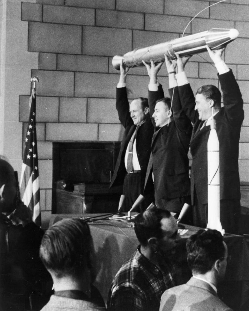 The three men responsible for the success of Explorer 1, America's first Earth satellite which was launched January 31, 1958. At left is Dr. William H. Pickering, former director of JPL, which built and operated the satellite. Dr. James A. van Allen, center, of the State University of Iowa, designed and built the instrument on Explorer that discovered the radiation belts which circle the Earth. At right is Dr. Wernher von Braun, leader of the Army's Redstone Arsenal team which built the first stage Redstone rocket that launched Explorer 1.