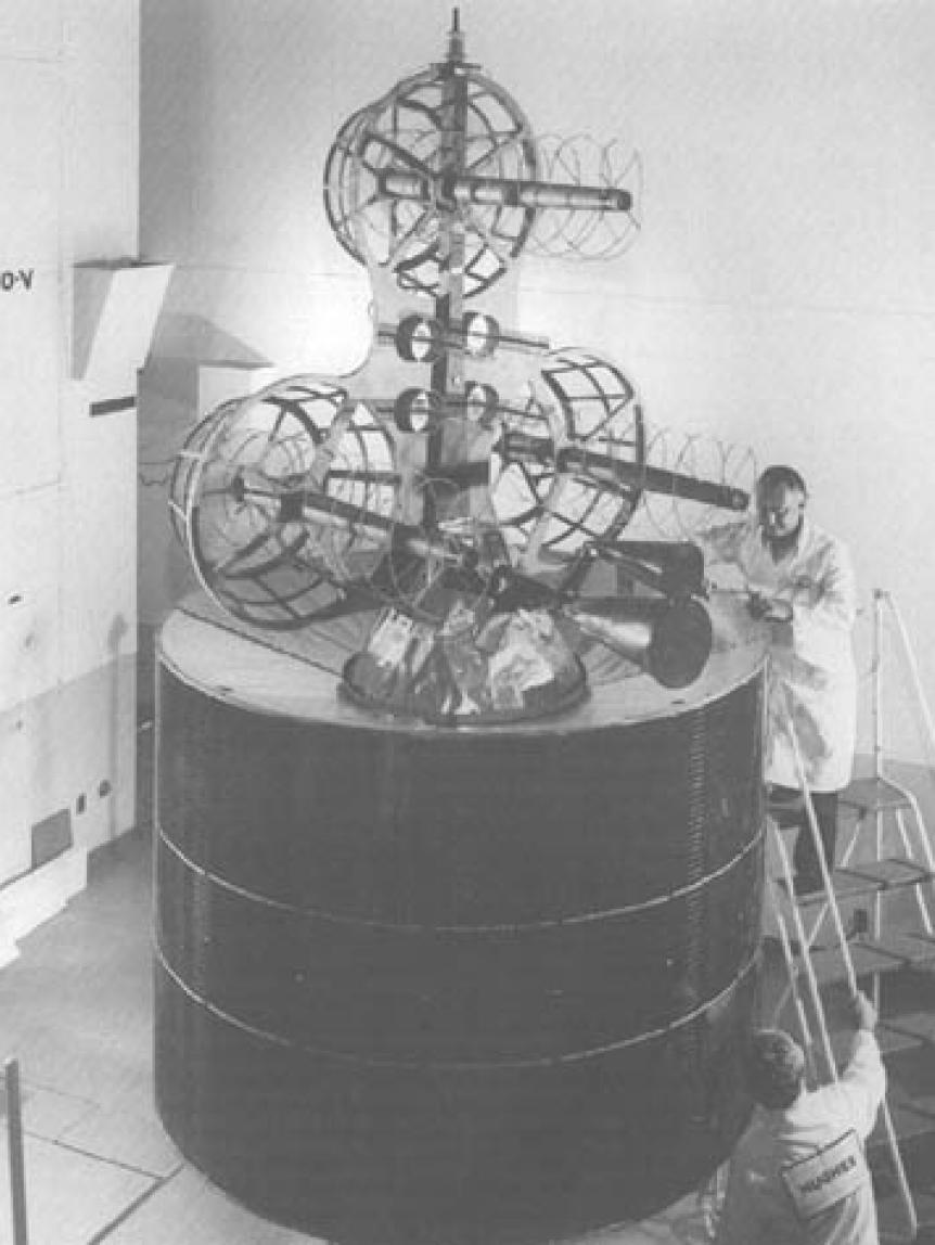 The first commercial mobile communications satellite, Marisat, in 1975, built by Hughes for Comsat and used by both U.S. Navy and merchant marine ships.