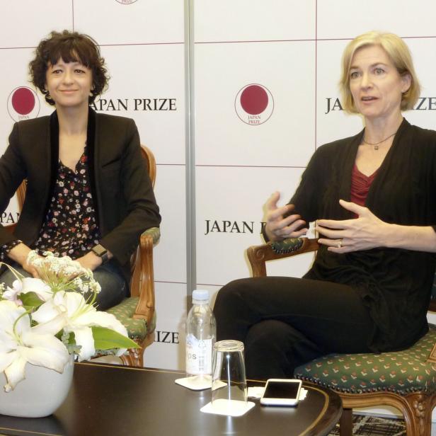File photo taken in April 2017 shows Emmanuelle Charpentier (L) and Jennifer Doudna giving an interview in Tokyo. The two won the 2020 Nobel Prize in chemistry for discovering a revolutionary genome editing technique. (Photo by Kyodo News via Getty Images)