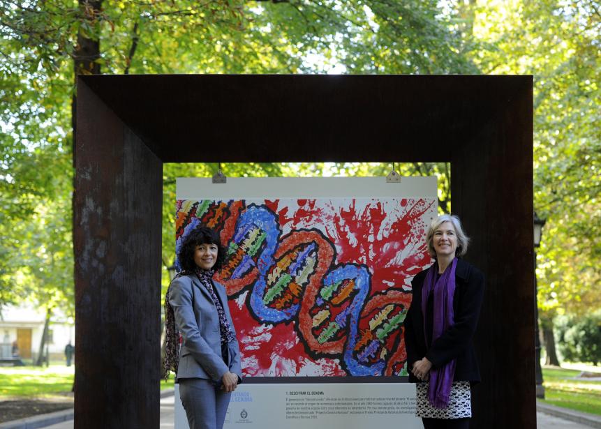 French researcher in Microbiology, Genetics and Biochemistry Emmanuelle Charpentier (L) and US  professor of Chemistry and of Molecular and Cell Biology, Jennifer Doudna posse beside a painting  made by children of the genoma at the San Francisco park in Oviedo, on October 21, 2015. Charpentier and Doudna have been awarded the 2015 Princess of Asturias Award for technical and scientific research.. AFP PHOTO/ MIGUEL RIOPA        (Photo credit should read MIGUEL RIOPA/AFP via Getty Images)