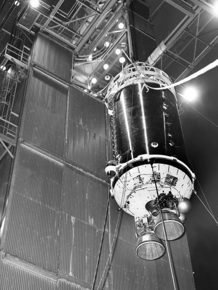 This 1964 photograph shows a Centaur upper-stage rocket before being mated to an Atlas booster. A similar Centaur was used during the launch of Surveyor 2 two years later.