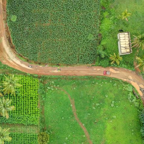 An aerial view of a rural Indian road