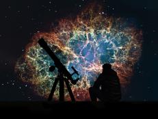 Man with telescope looking at the stars. Crab Nebula in constellation Taurus. Supernova Core pulsar neutron star.
