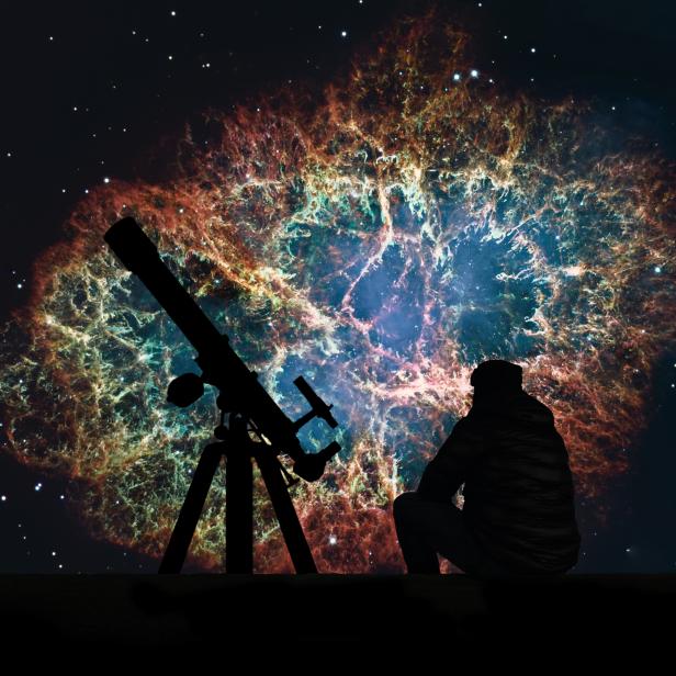 Man with telescope looking at the stars. Crab Nebula in constellation Taurus. Supernova Core pulsar neutron star.