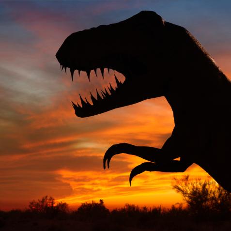 "Silhouette of dinosaur sculpture at sunset, Moab, Utah, USA"