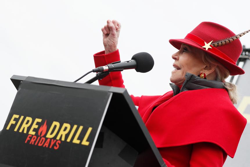 WASHINGTON, DC - JANUARY 10: Actress and activist Jane Fond speaks at her last Washington, DC "Fire Drill Fridays" climate change protest and rally on Capitol Hill on January 10, 2020 in Washington, DC. (Photo by Paul Morigi/Getty Images)