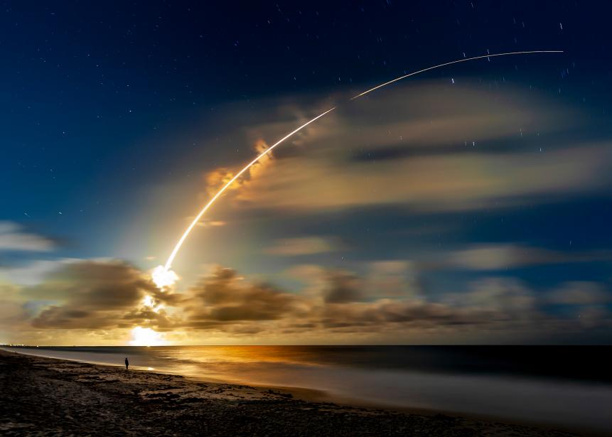 Long exposure image of an Atlas V 551 heavy lift rocket launch from Cape Canaveral and shot from Indiatlantic Beach.