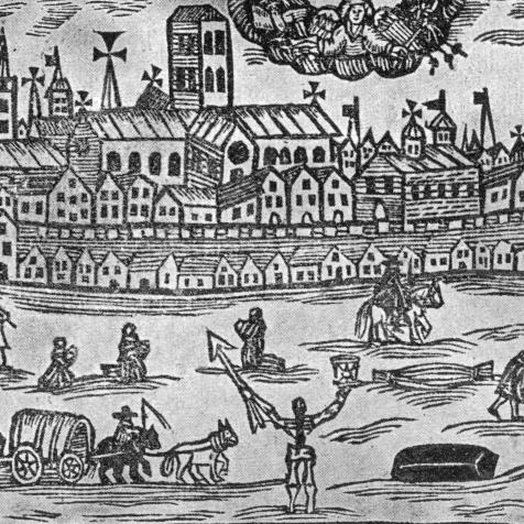 The angel of death presides over London during the Great Plague of 1664-1666, holding an hourglass in one hand and a spear in the other. Published in 'The Intelligencer', 26th June 1665. (Photo by Hulton Archive/Getty Images)