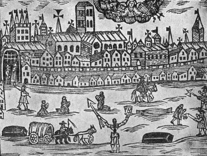 The angel of death presides over London during the Great Plague of 1664-1666, holding an hourglass in one hand and a spear in the other. Published in 'The Intelligencer', 26th June 1665. (Photo by Hulton Archive/Getty Images)