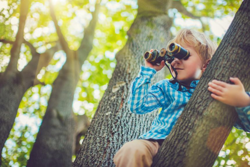 Little boy on a tree looking through a binocular